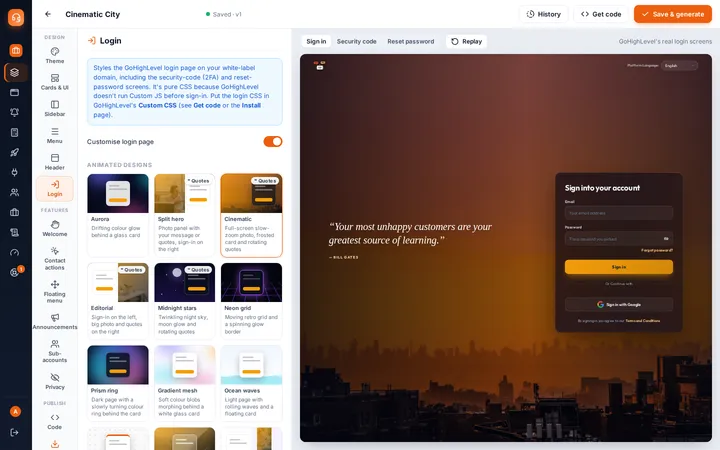 Login tab with a grid of animated login designs and a live preview of the Cinematic photo login page