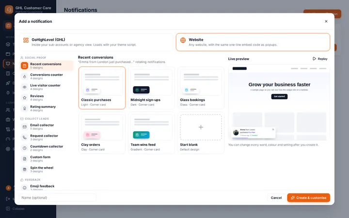 Add a notification dialog with social proof, lead collector and feedback widget templates and a live preview