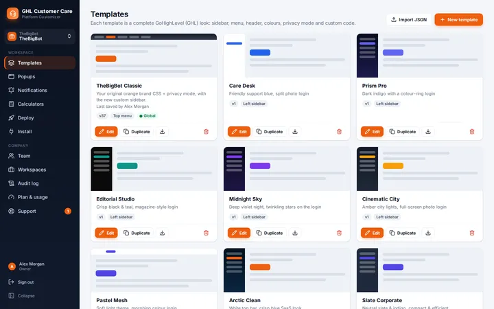 Template library showing ready-made GoHighLevel themes with version, layout and deployment status
