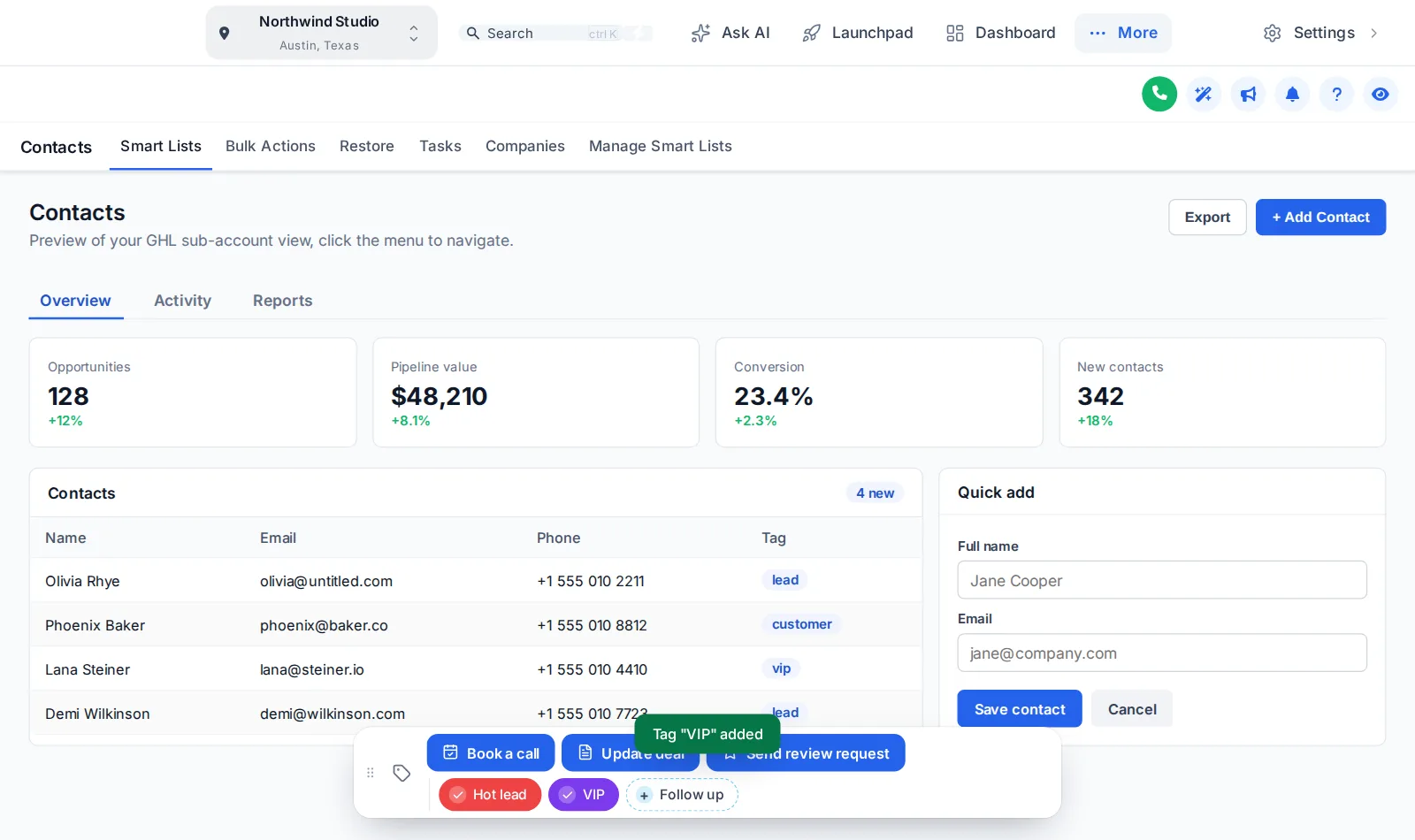 The contact actions bar at the bottom of a GoHighLevel contacts page: Book a call, Update deal and Send review request buttons beside Hot lead, VIP and Follow up quick tags, with a "Tag VIP added" message.