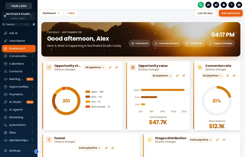 The Golden Hour dashboard design: a sunset mountain photo in the welcome banner, cream cards and amber chart colours.