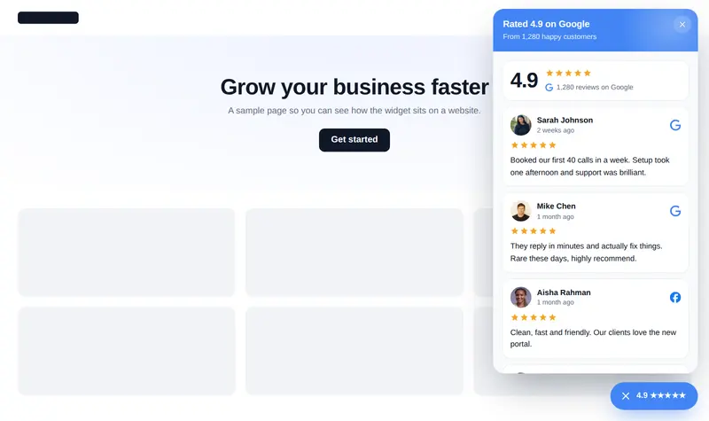 A Google rating card widget showing a 4.9 star score and recent customer reviews.