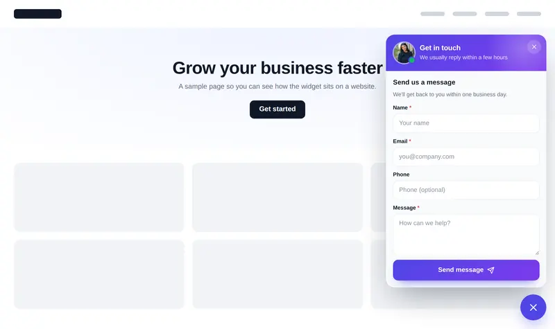 A built-in contact form in a slide-up card with name, email, phone and message fields.