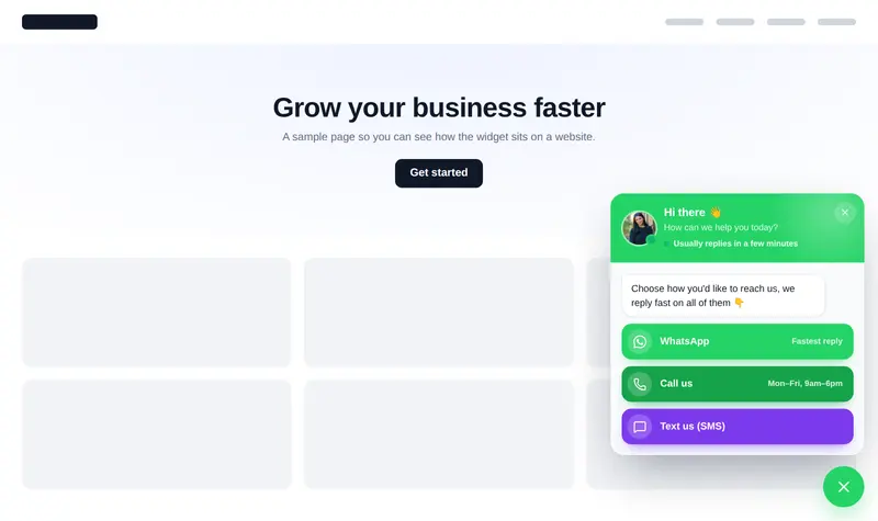 A WhatsApp and call contact hub opened in the corner of a website, with a greeting, WhatsApp, call and SMS buttons.