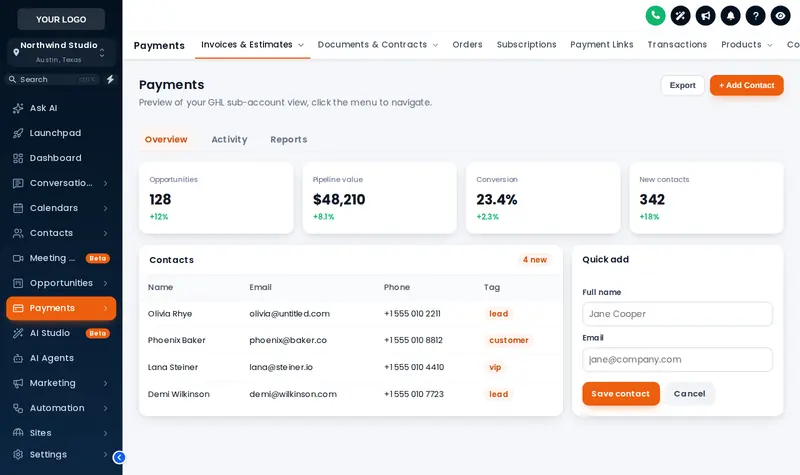 A left sidebar menu with custom icons and the Payments section tabs shown in the header.