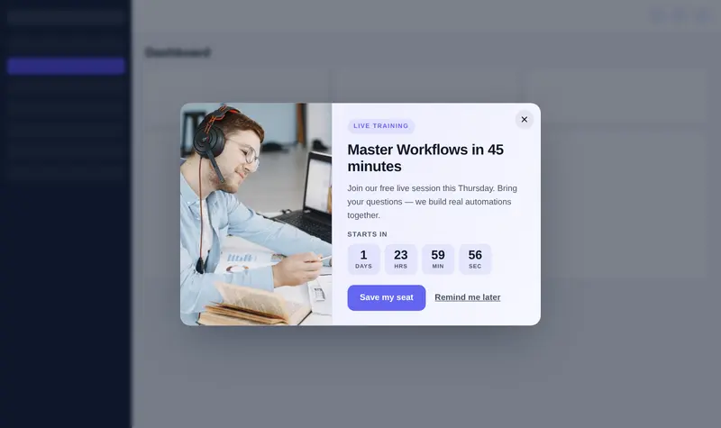 A live training and webinar invitation popup inside GoHighLevel.