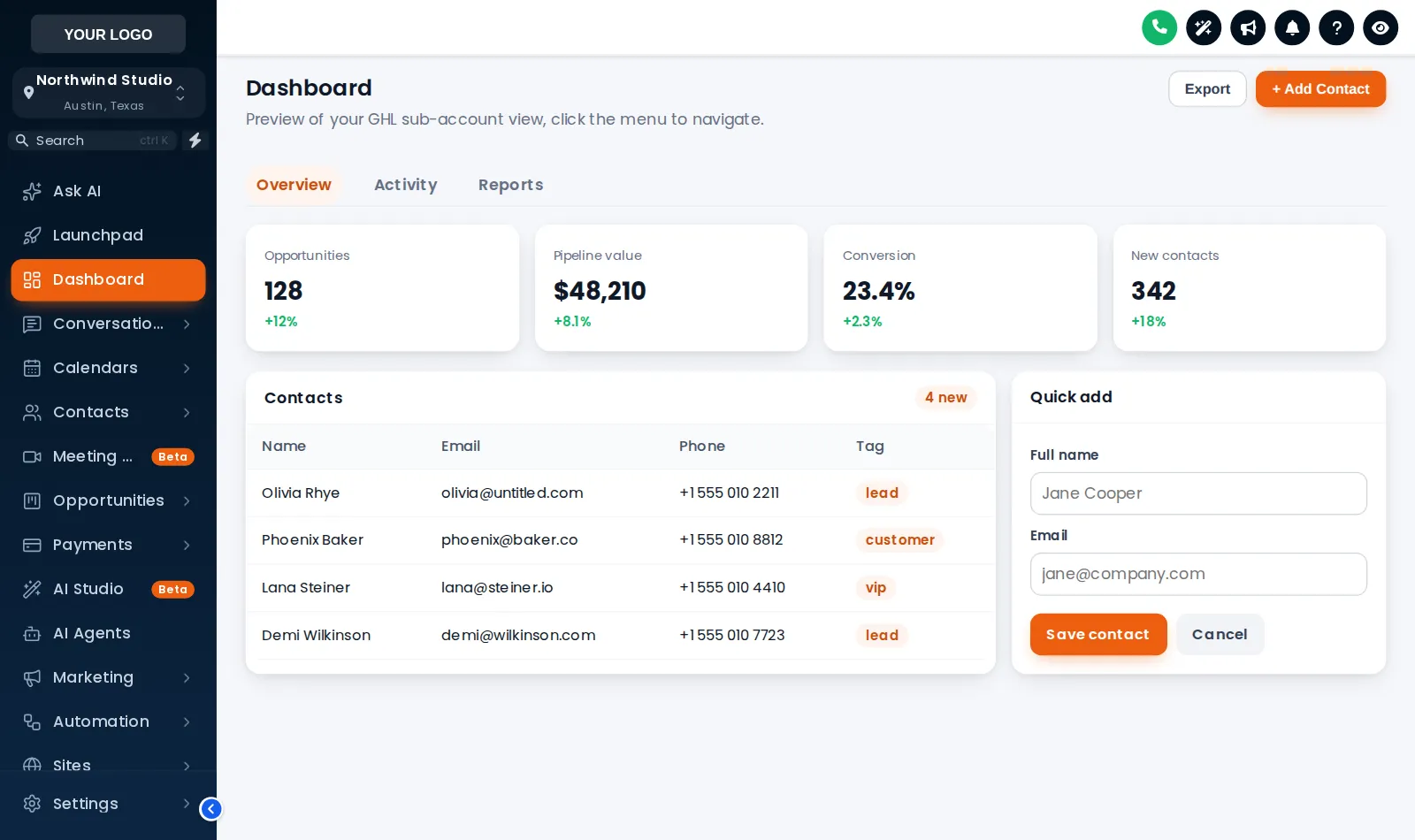After: the same dashboard with the Midnight Ember theme, a branded gradient sidebar, orange accents and restyled cards.